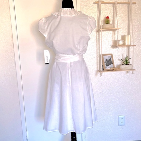 🌾 Perceptions New York Beautiful White Ruffle Belted Midi Dress - Picture 3 of 14